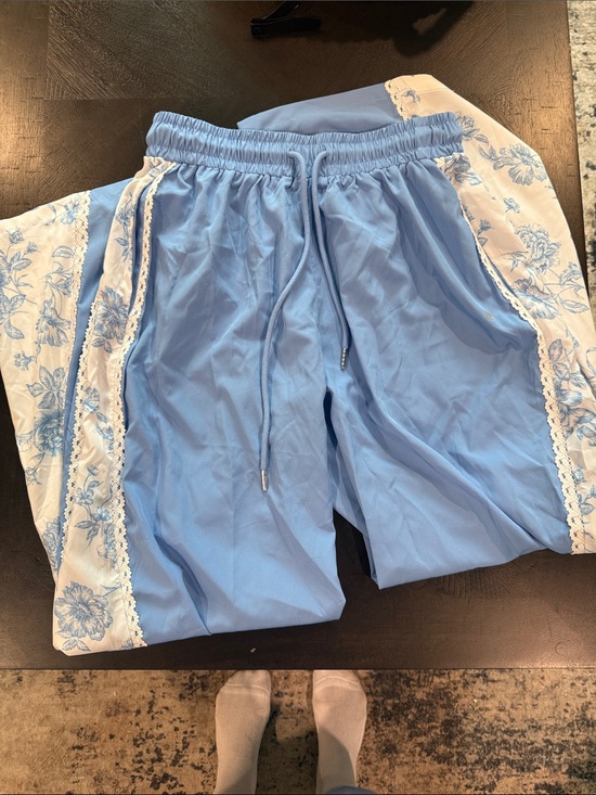 Altar'd State Pants - Altar'd State Baby Blue Floral-Trim Jogger Pants